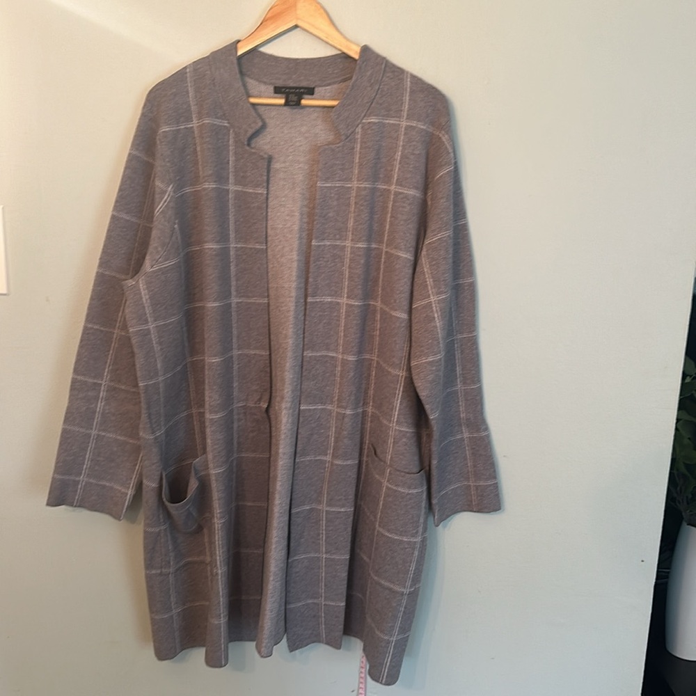Tahari Plaid Long Line Open Front Cardigan